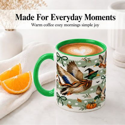 #pl[11oz|Green] Halloween Mallard Duck Ceramic Mug, Witch Hat Pumpkin Artwork