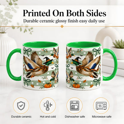 #pl[11oz|Green] Halloween Mallard Duck Ceramic Mug, Witch Hat Pumpkin Artwork