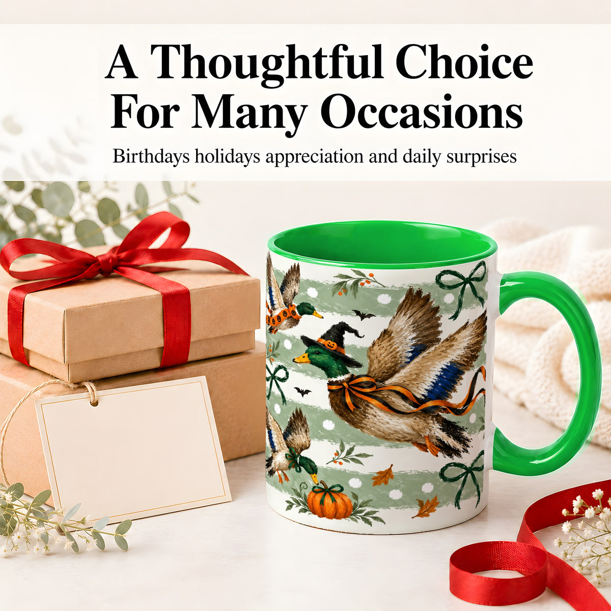 #pl[11oz|Green] Halloween Mallard Duck Ceramic Mug, Witch Hat Pumpkin Artwork