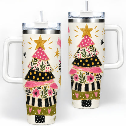 Whimsical Christmas Tree 40oz Tumbler, Pink Floral Holiday Design