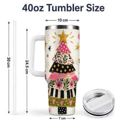 #pl[40oz|White] Whimsical Christmas Tree 40oz Tumbler, Pink Floral Holiday Design