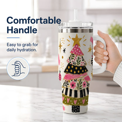 #pl[40oz|White] Whimsical Christmas Tree 40oz Tumbler, Pink Floral Holiday Design