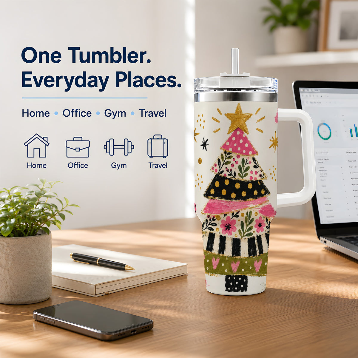 #pl[40oz|White] Whimsical Christmas Tree 40oz Tumbler, Pink Floral Holiday Design