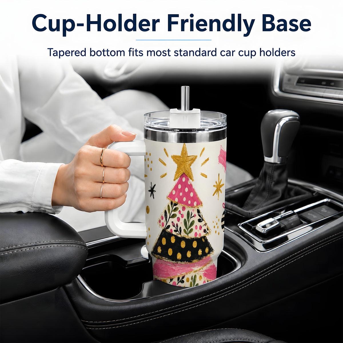 #pl[40oz|White] Whimsical Christmas Tree 40oz Tumbler, Pink Floral Holiday Design