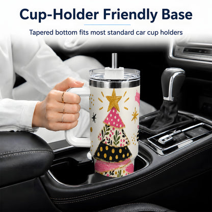 #pl[40oz|White] Whimsical Christmas Tree 40oz Tumbler, Pink Floral Holiday Design
