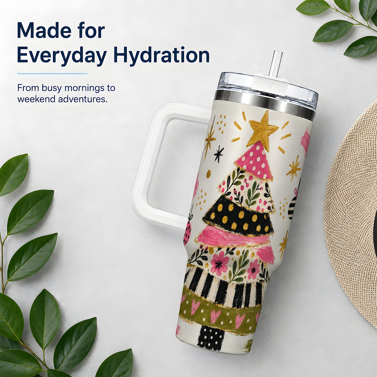 #pl[40oz|White] Whimsical Christmas Tree 40oz Tumbler, Pink Floral Holiday Design