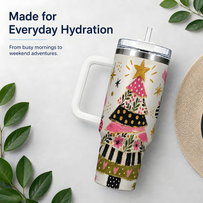 #pl[40oz|White] Whimsical Christmas Tree 40oz Tumbler, Pink Floral Holiday Design