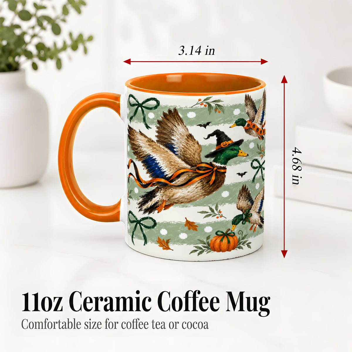 #pl[11oz|Orange] Halloween Mallard Duck Ceramic Mug, Witch Hat Pumpkin Artwork
