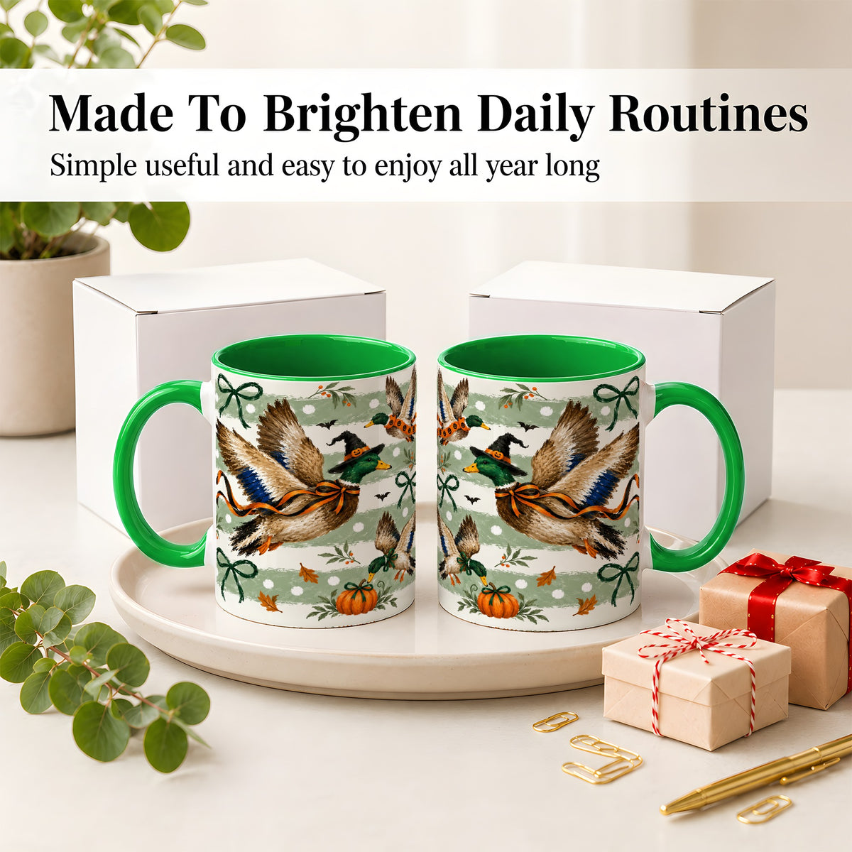#pl[11oz|Green] Halloween Mallard Duck Ceramic Mug, Witch Hat Pumpkin Artwork