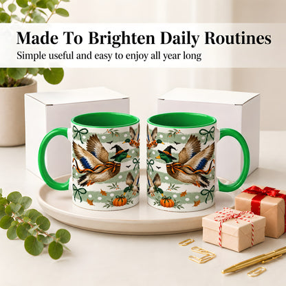 #pl[11oz|Green] Halloween Mallard Duck Ceramic Mug, Witch Hat Pumpkin Artwork
