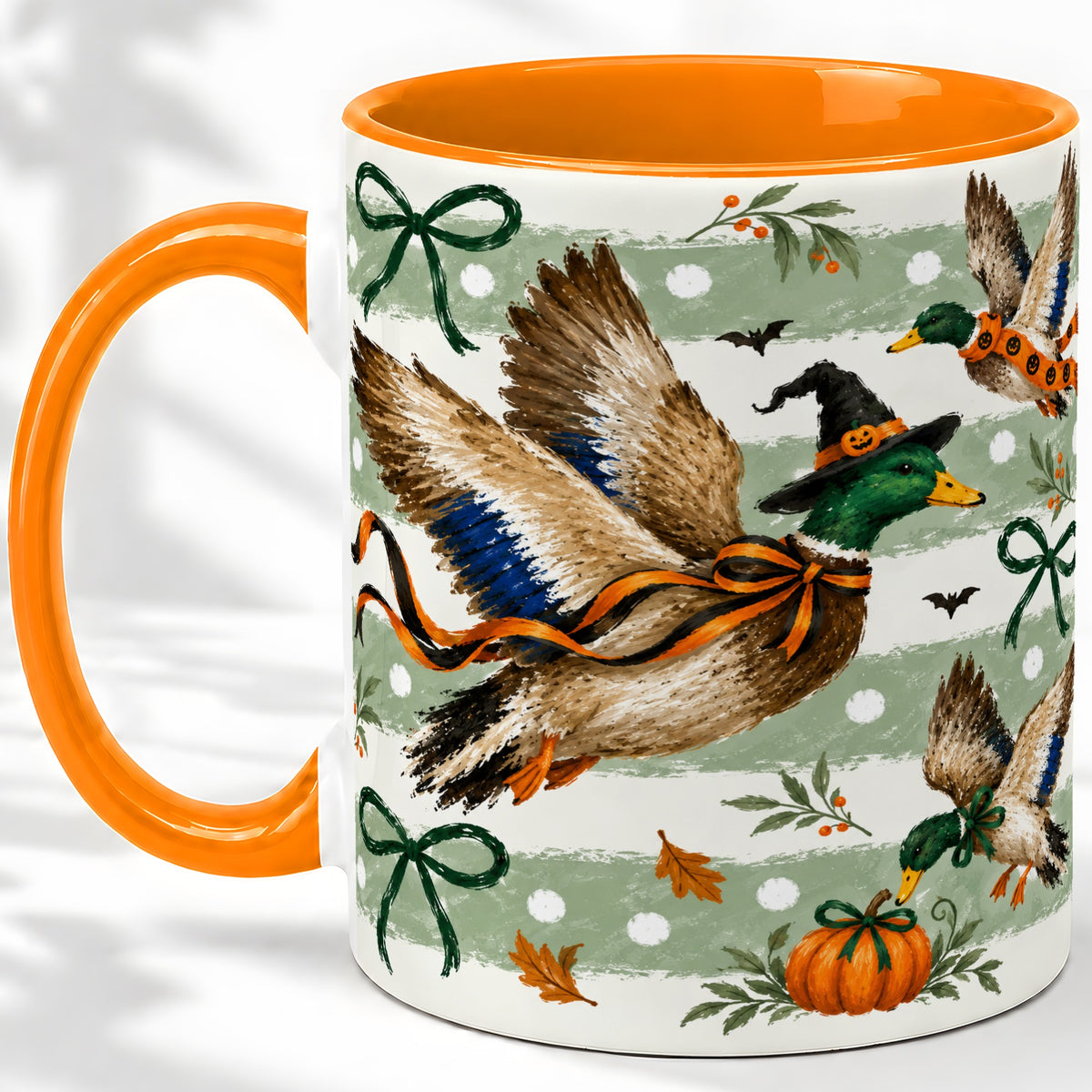 #pl[11oz|Orange] Halloween Mallard Duck Ceramic Mug, Witch Hat Pumpkin Artwork