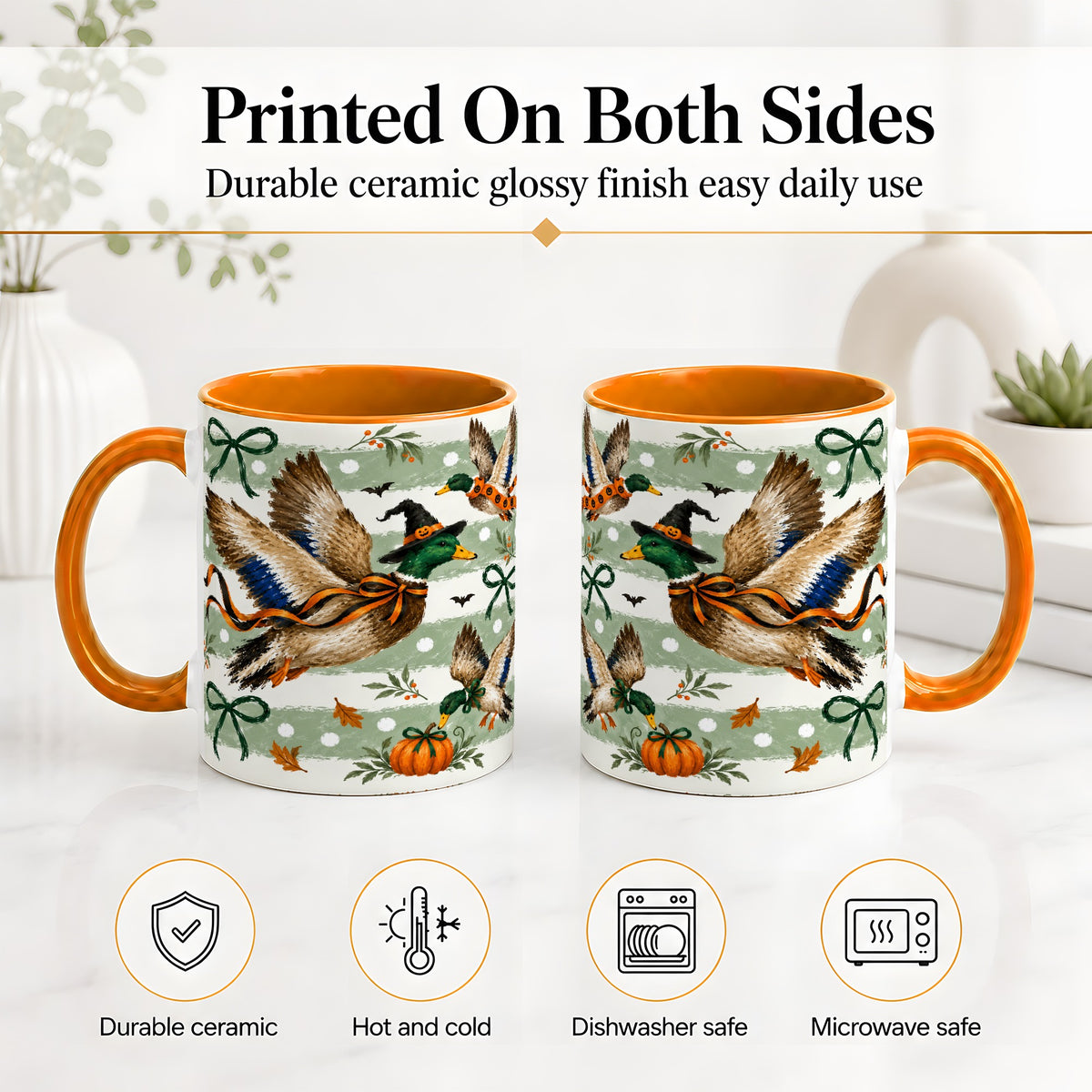 #pl[11oz|Orange] Halloween Mallard Duck Ceramic Mug, Witch Hat Pumpkin Artwork