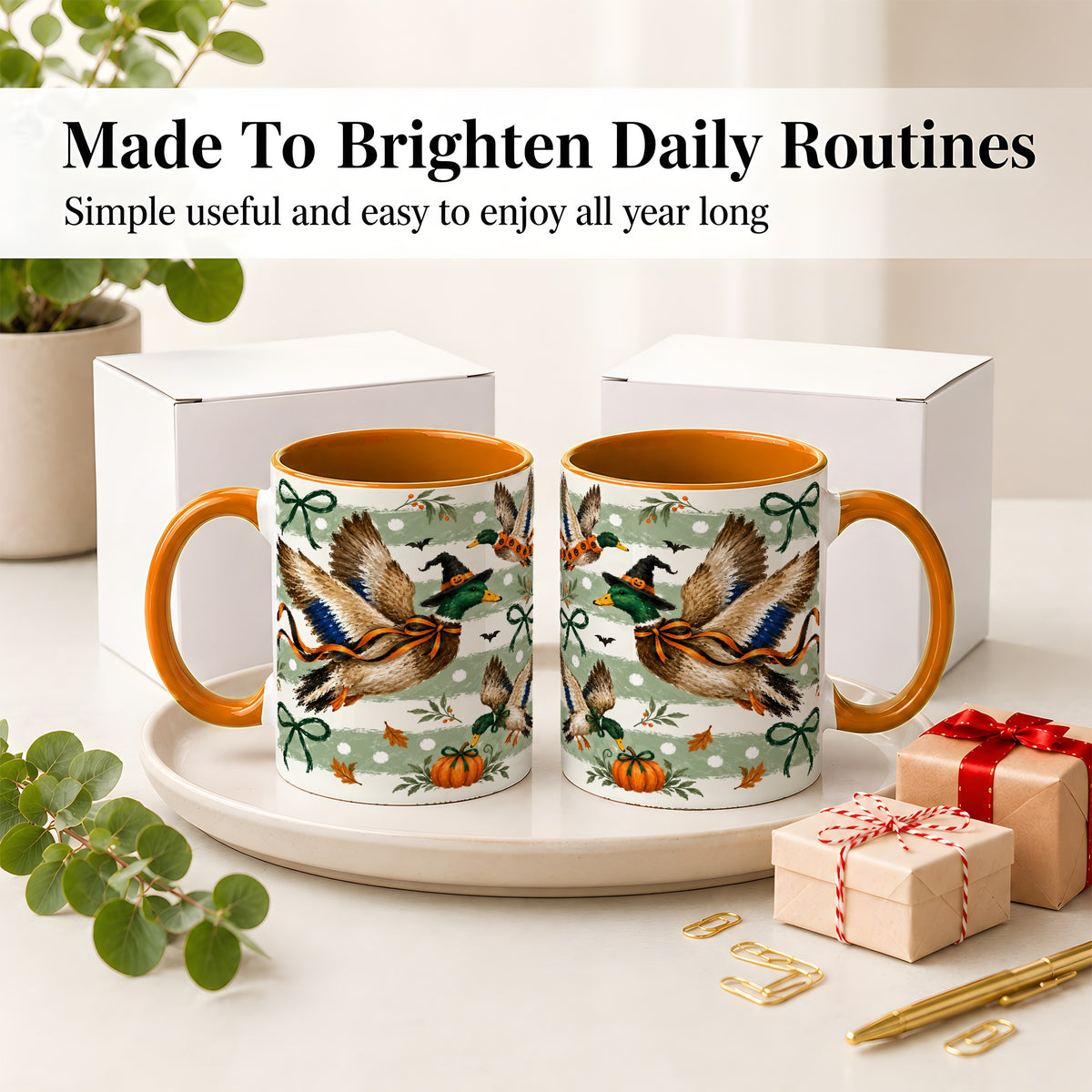 #pl[11oz|Orange] Halloween Mallard Duck Ceramic Mug, Witch Hat Pumpkin Artwork