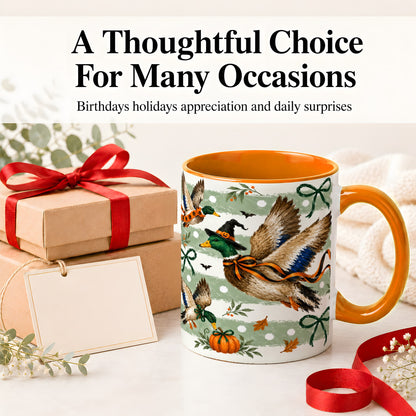 #pl[11oz|Orange] Halloween Mallard Duck Ceramic Mug, Witch Hat Pumpkin Artwork