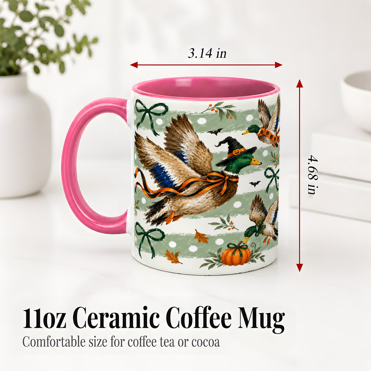 #pl[11oz|Pink] Halloween Mallard Duck Ceramic Mug, Witch Hat Pumpkin Artwork
