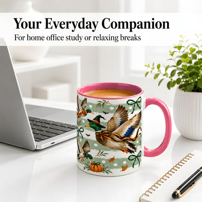 #pl[11oz|Pink] Halloween Mallard Duck Ceramic Mug, Witch Hat Pumpkin Artwork