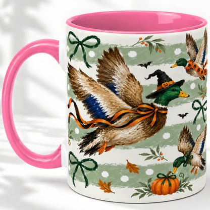 #pl[11oz|Pink] Halloween Mallard Duck Ceramic Mug, Witch Hat Pumpkin Artwork
