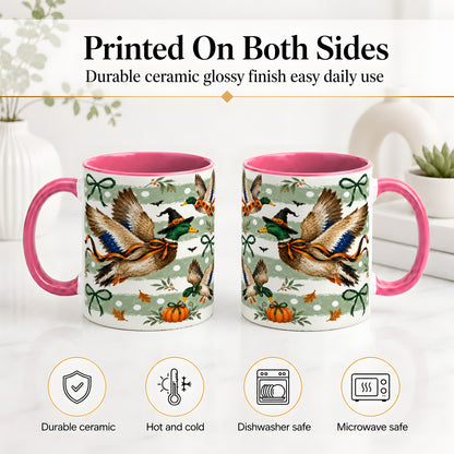 #pl[11oz|Pink] Halloween Mallard Duck Ceramic Mug, Witch Hat Pumpkin Artwork