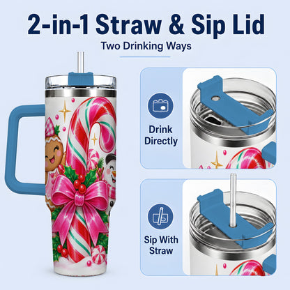 #pl[40oz|Blue] Pink Candy Cane Christmas 40oz Tumbler, Snowman Gingerbread Design
