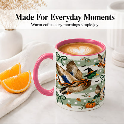 #pl[11oz|Pink] Halloween Mallard Duck Ceramic Mug, Witch Hat Pumpkin Artwork
