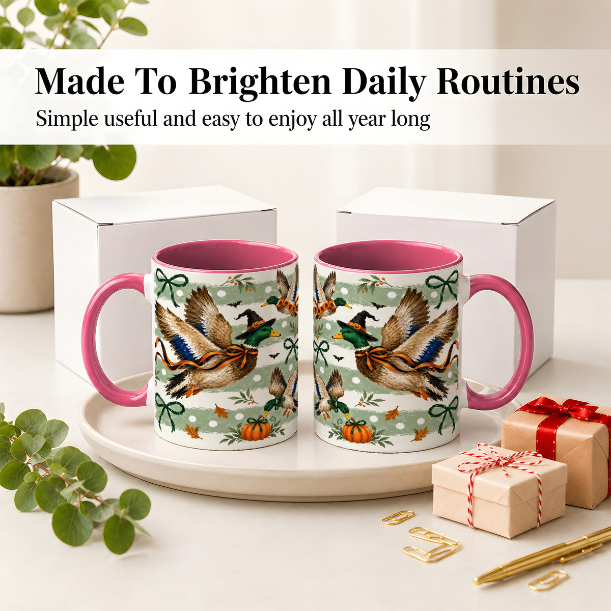 #pl[11oz|Pink] Halloween Mallard Duck Ceramic Mug, Witch Hat Pumpkin Artwork