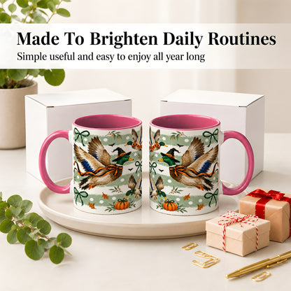 #pl[11oz|Pink] Halloween Mallard Duck Ceramic Mug, Witch Hat Pumpkin Artwork