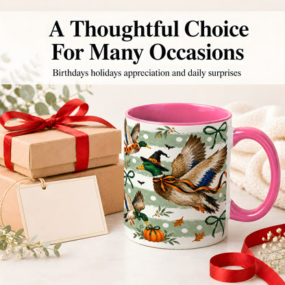 #pl[11oz|Pink] Halloween Mallard Duck Ceramic Mug, Witch Hat Pumpkin Artwork