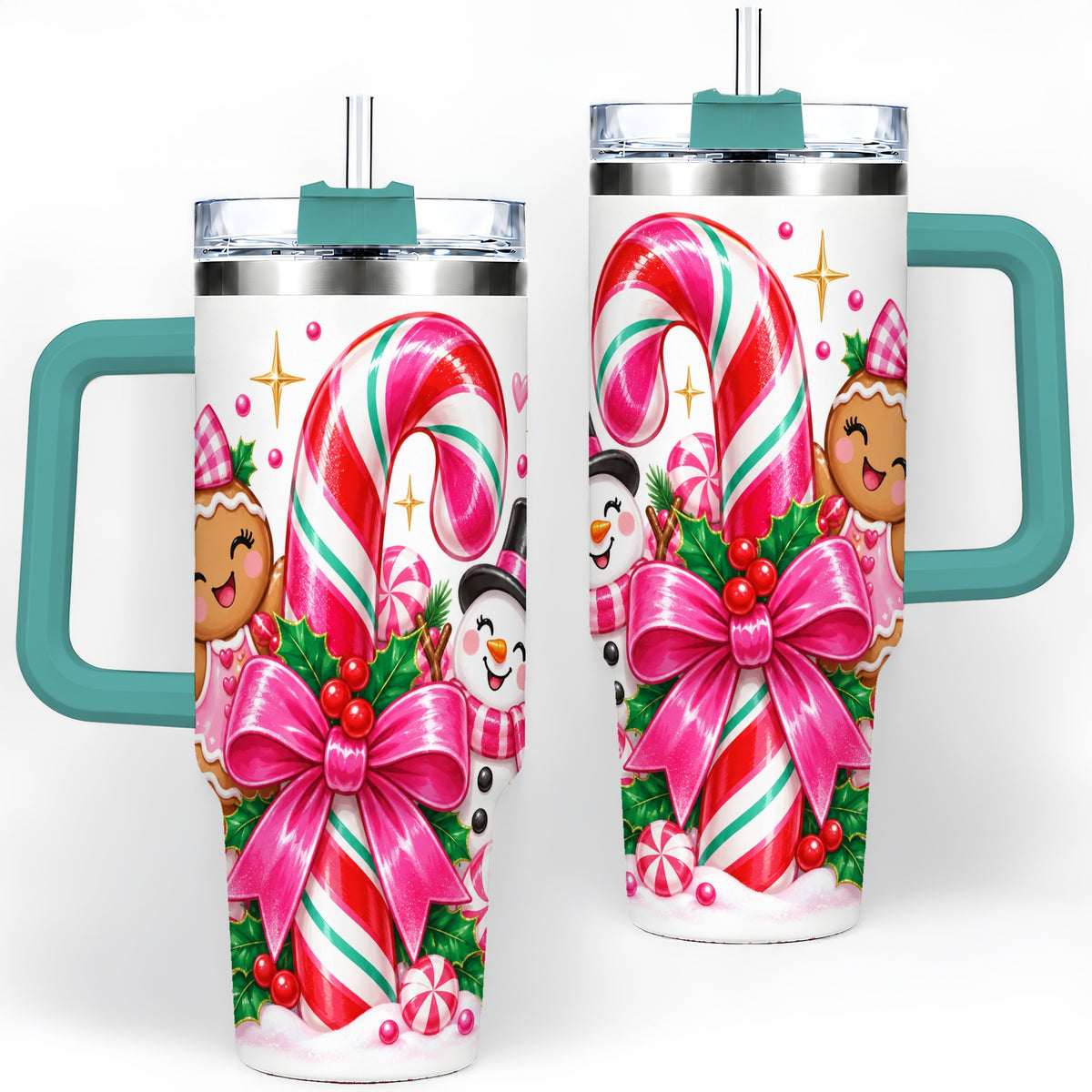 #pl[40oz|Green] Pink Candy Cane Christmas 40oz Tumbler, Snowman Gingerbread Design