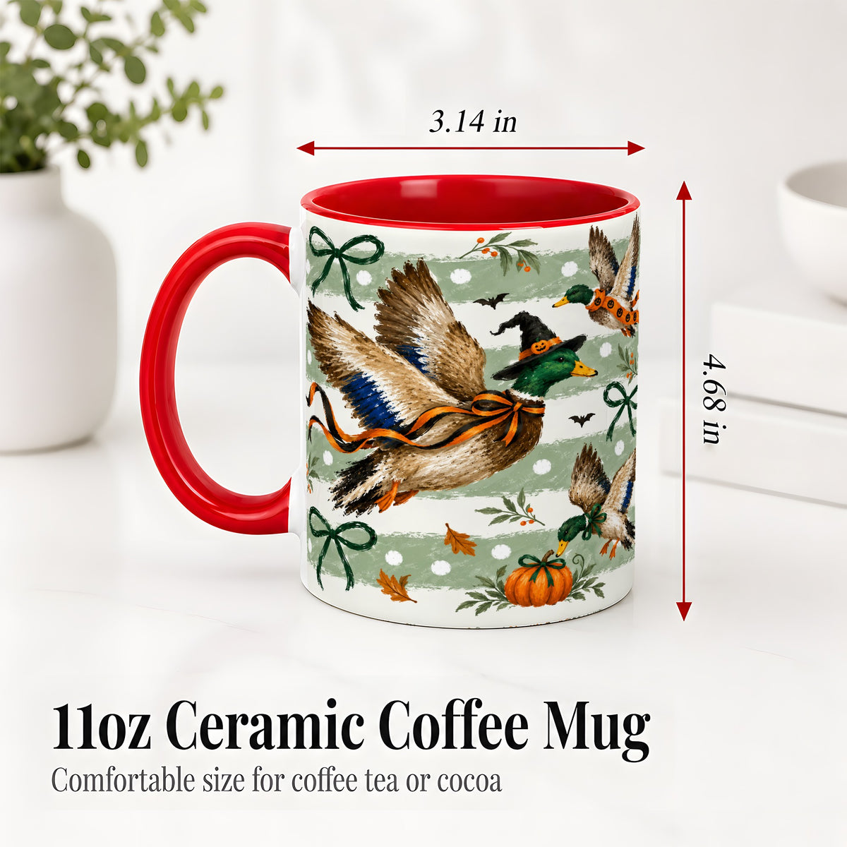 #pl[11oz|Red] Halloween Mallard Duck Ceramic Mug, Witch Hat Pumpkin Artwork