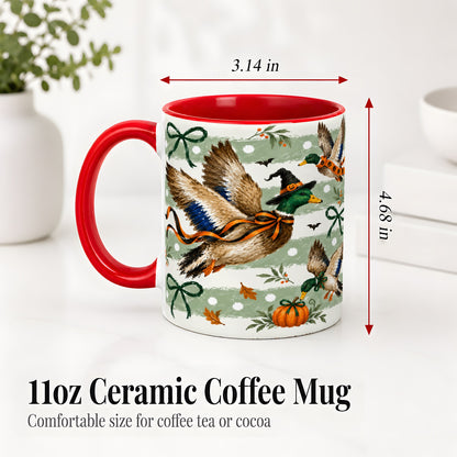 #pl[11oz|Red] Halloween Mallard Duck Ceramic Mug, Witch Hat Pumpkin Artwork