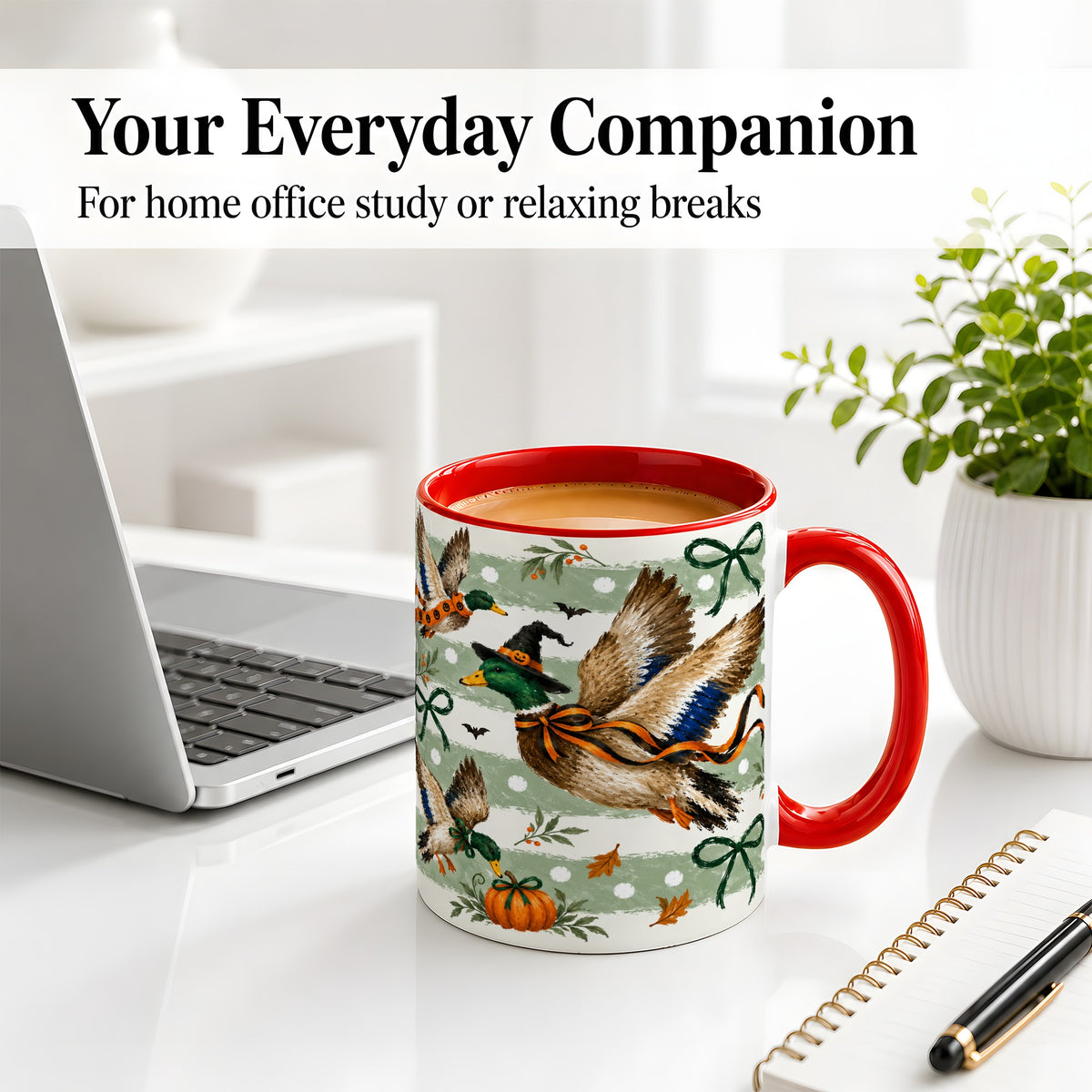 #pl[11oz|Red] Halloween Mallard Duck Ceramic Mug, Witch Hat Pumpkin Artwork