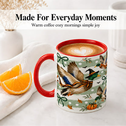 #pl[11oz|Red] Halloween Mallard Duck Ceramic Mug, Witch Hat Pumpkin Artwork