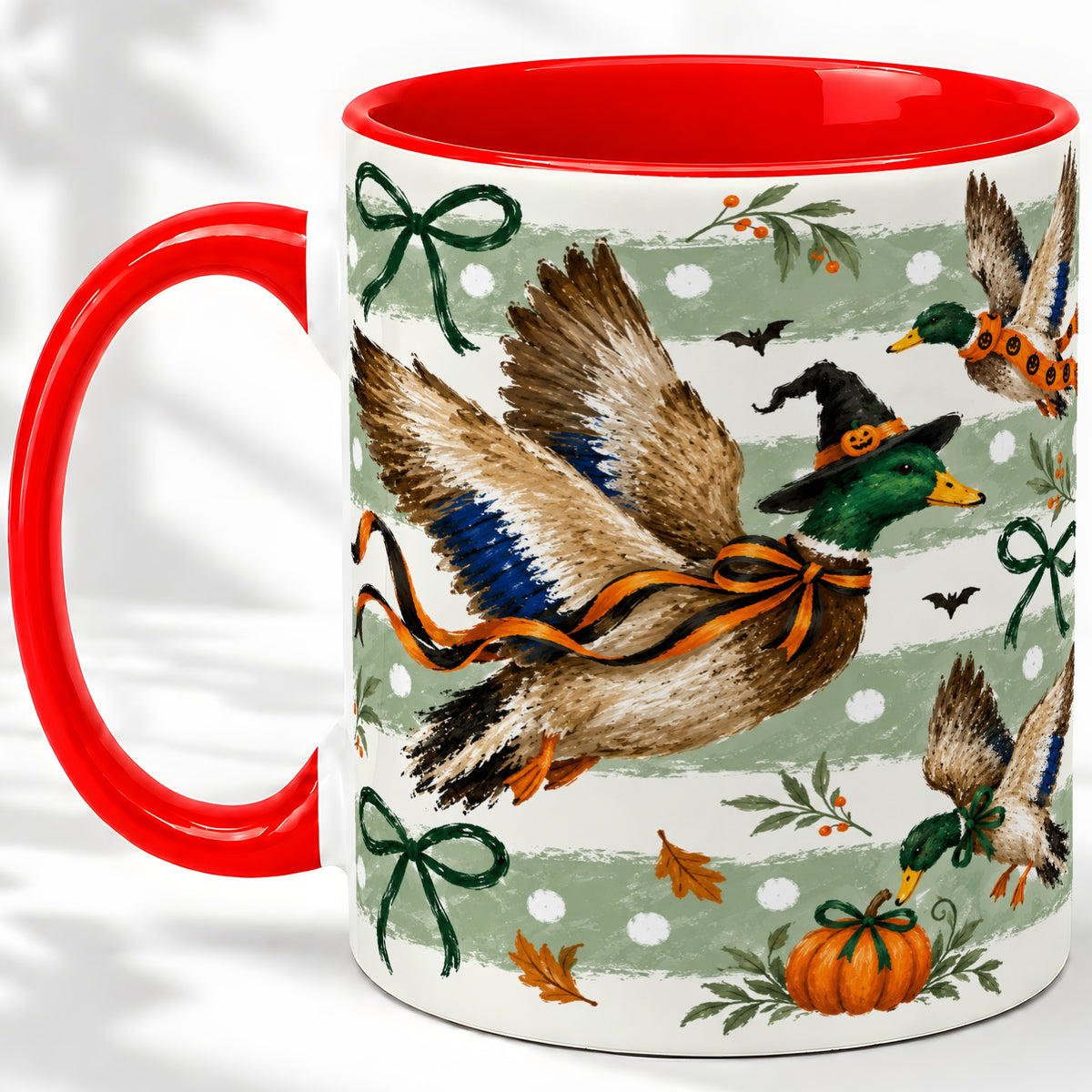 Halloween Mallard Duck Ceramic Mug, Witch Hat Pumpkin Artwork