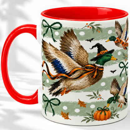 Halloween Mallard Duck Ceramic Mug, Witch Hat Pumpkin Artwork