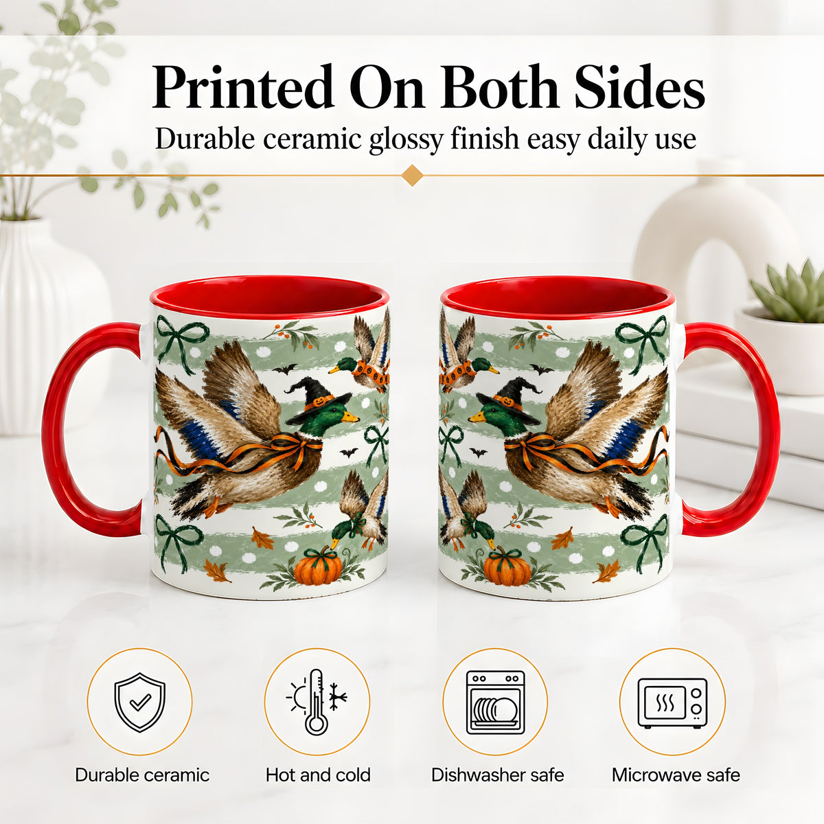 #pl[11oz|Red] Halloween Mallard Duck Ceramic Mug, Witch Hat Pumpkin Artwork