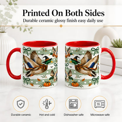 #pl[11oz|Red] Halloween Mallard Duck Ceramic Mug, Witch Hat Pumpkin Artwork