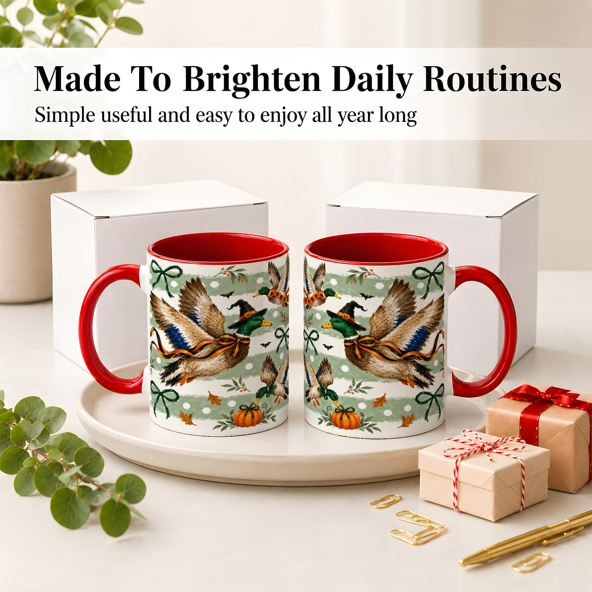 #pl[11oz|Red] Halloween Mallard Duck Ceramic Mug, Witch Hat Pumpkin Artwork
