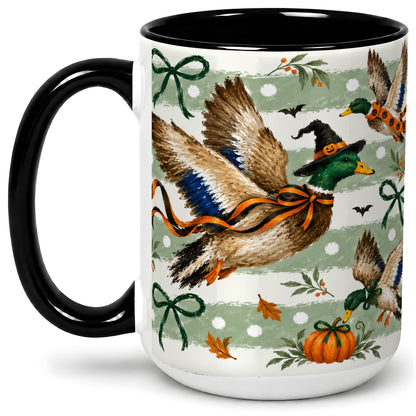 #pl[15oz|Black] Halloween Mallard Duck Ceramic Mug, Witch Hat Pumpkin Artwork