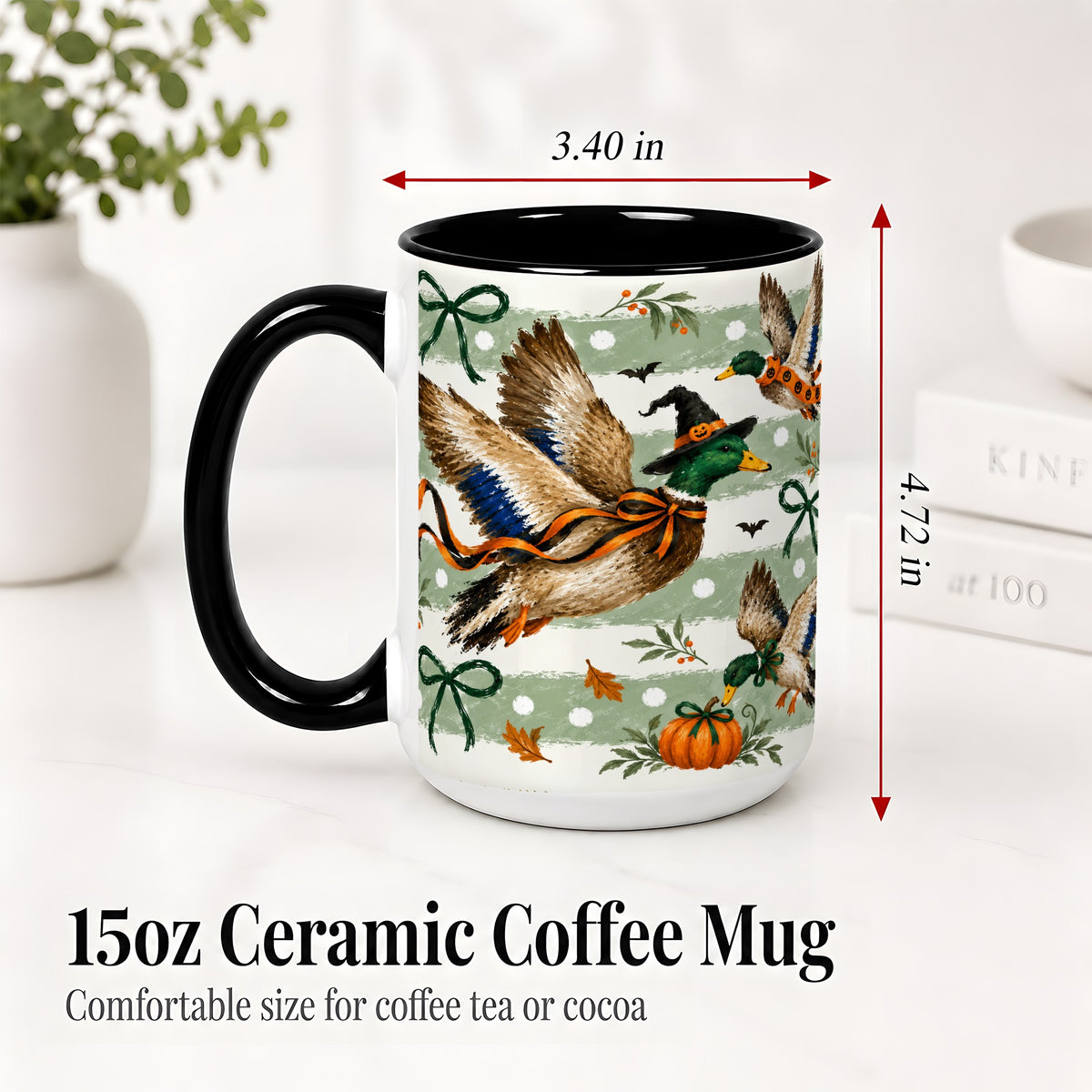 #pl[15oz|Black] Halloween Mallard Duck Ceramic Mug, Witch Hat Pumpkin Artwork