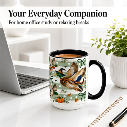 #pl[15oz|Black] Halloween Mallard Duck Ceramic Mug, Witch Hat Pumpkin Artwork