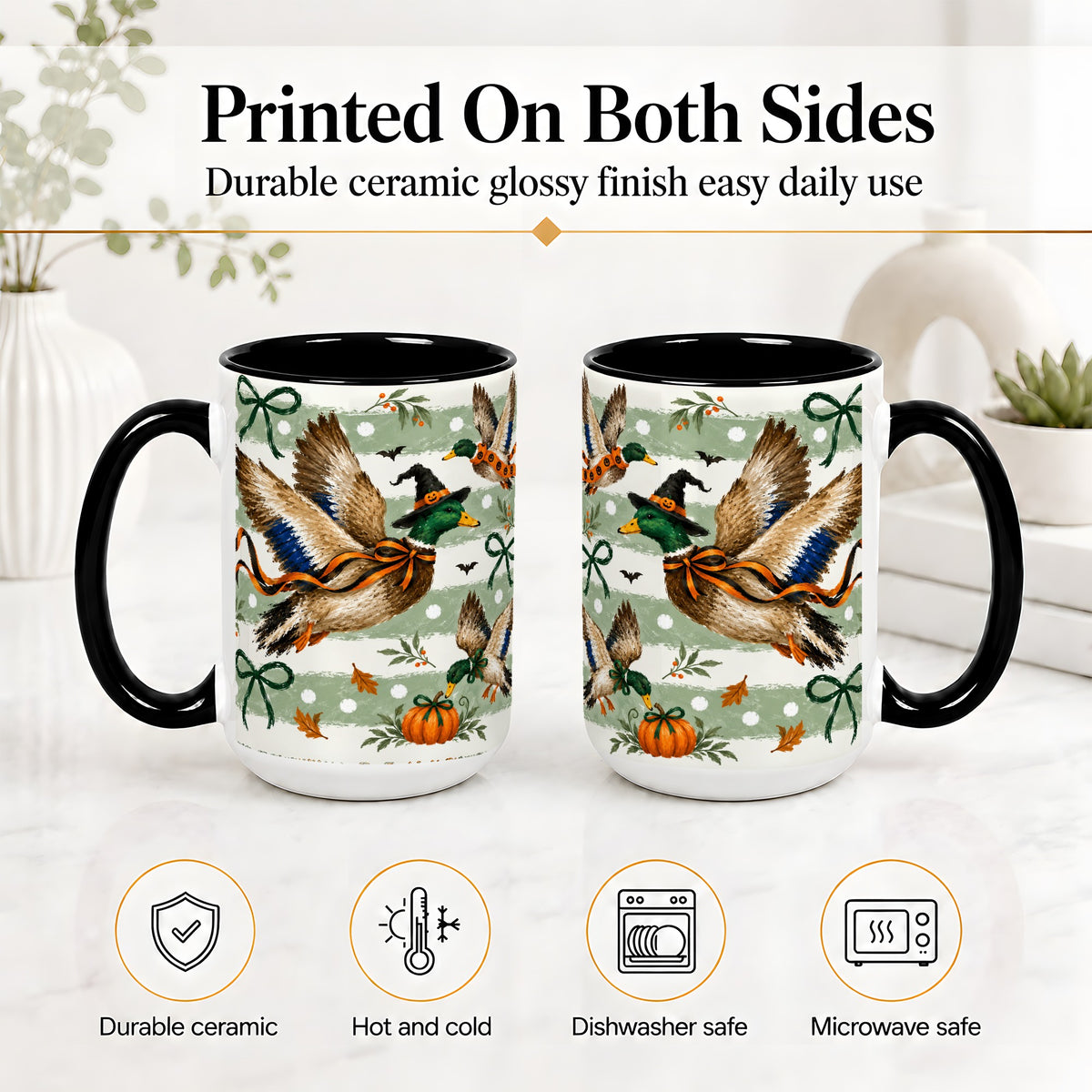 #pl[15oz|Black] Halloween Mallard Duck Ceramic Mug, Witch Hat Pumpkin Artwork