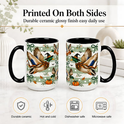 #pl[15oz|Black] Halloween Mallard Duck Ceramic Mug, Witch Hat Pumpkin Artwork