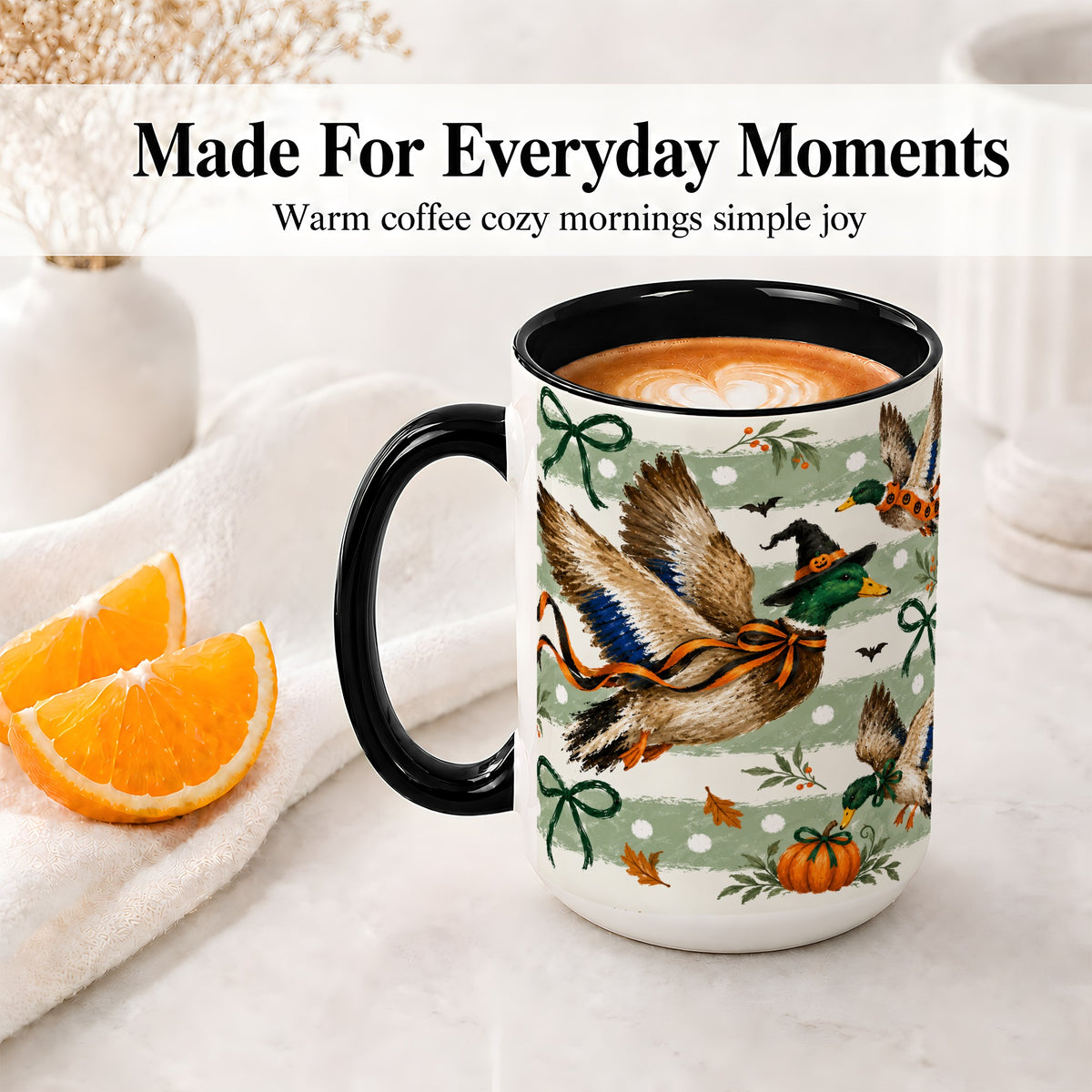 #pl[15oz|Black] Halloween Mallard Duck Ceramic Mug, Witch Hat Pumpkin Artwork