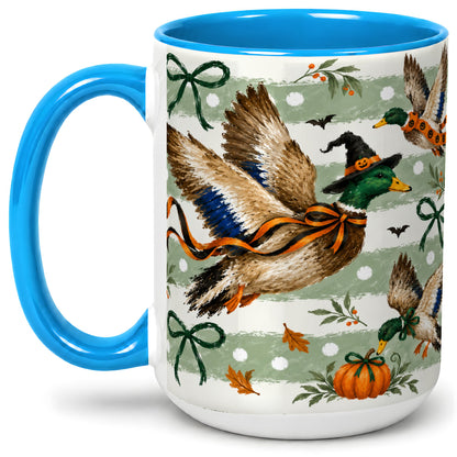 #pl[15oz|Blue] Halloween Mallard Duck Ceramic Mug, Witch Hat Pumpkin Artwork
