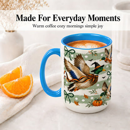 #pl[15oz|Blue] Halloween Mallard Duck Ceramic Mug, Witch Hat Pumpkin Artwork