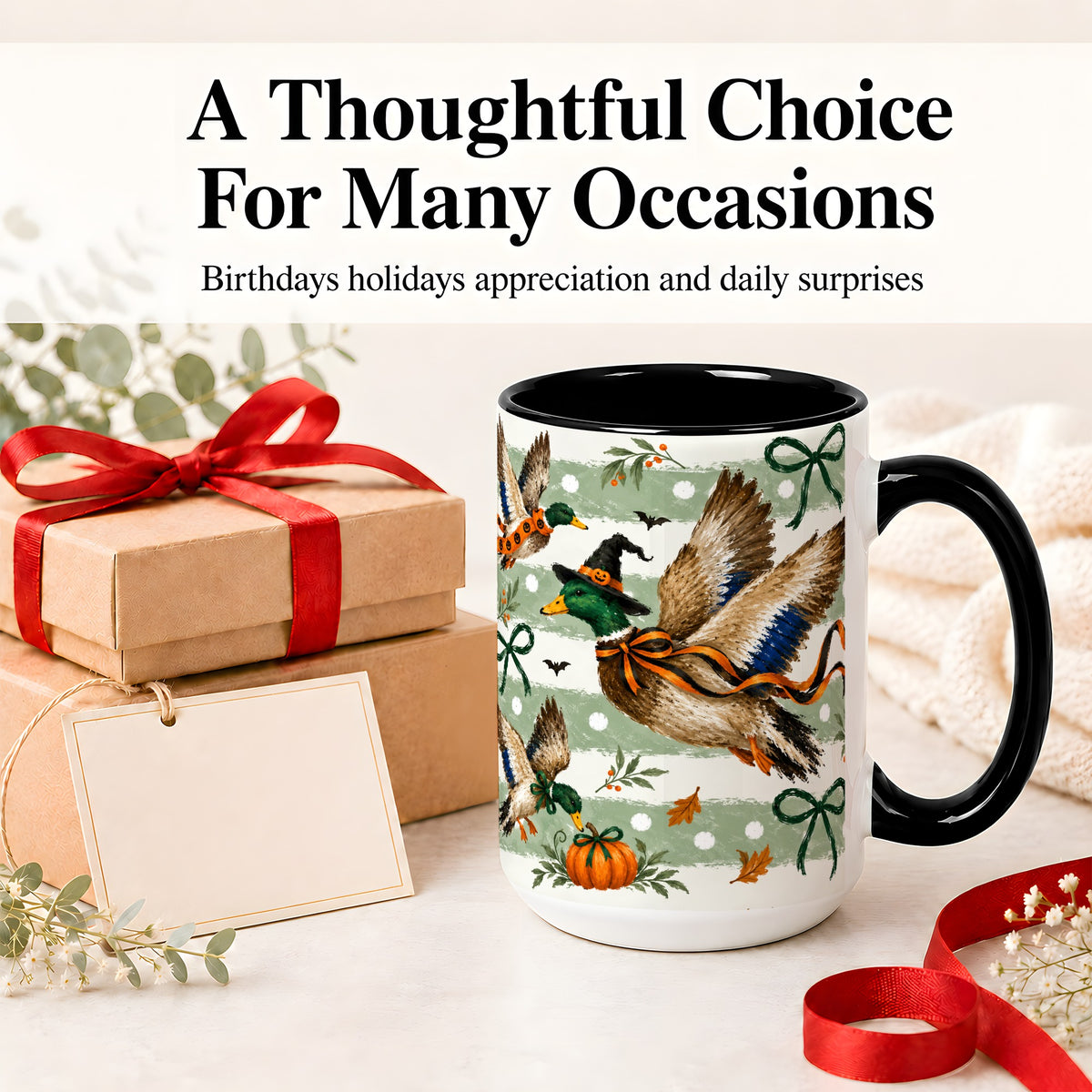 #pl[15oz|Black] Halloween Mallard Duck Ceramic Mug, Witch Hat Pumpkin Artwork