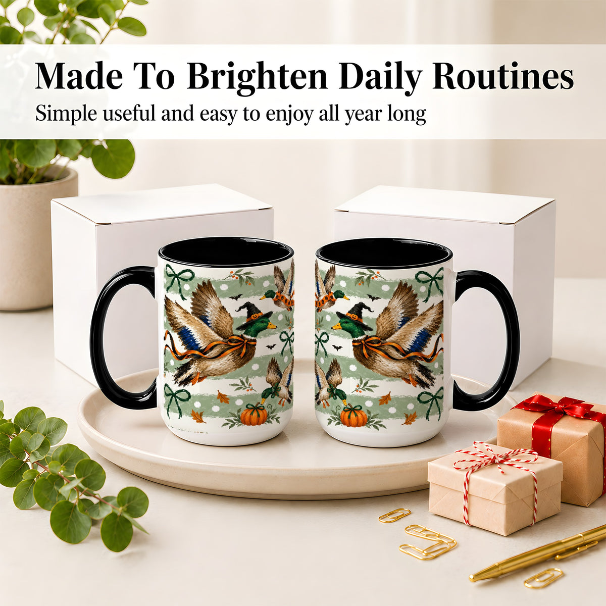#pl[15oz|Black] Halloween Mallard Duck Ceramic Mug, Witch Hat Pumpkin Artwork