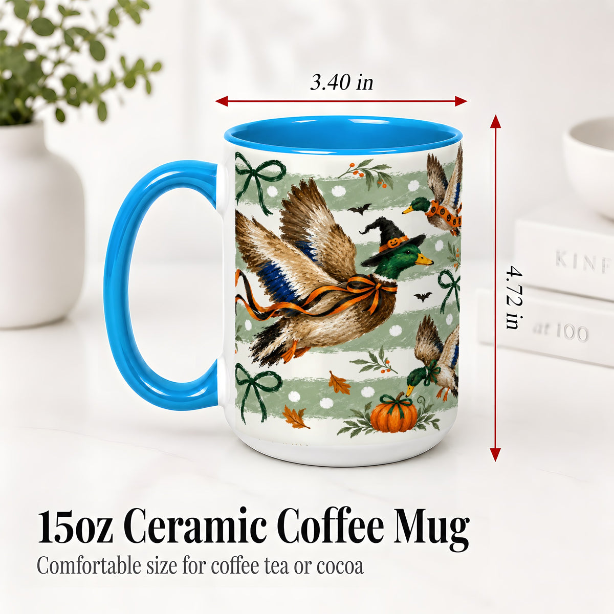 #pl[15oz|Blue] Halloween Mallard Duck Ceramic Mug, Witch Hat Pumpkin Artwork