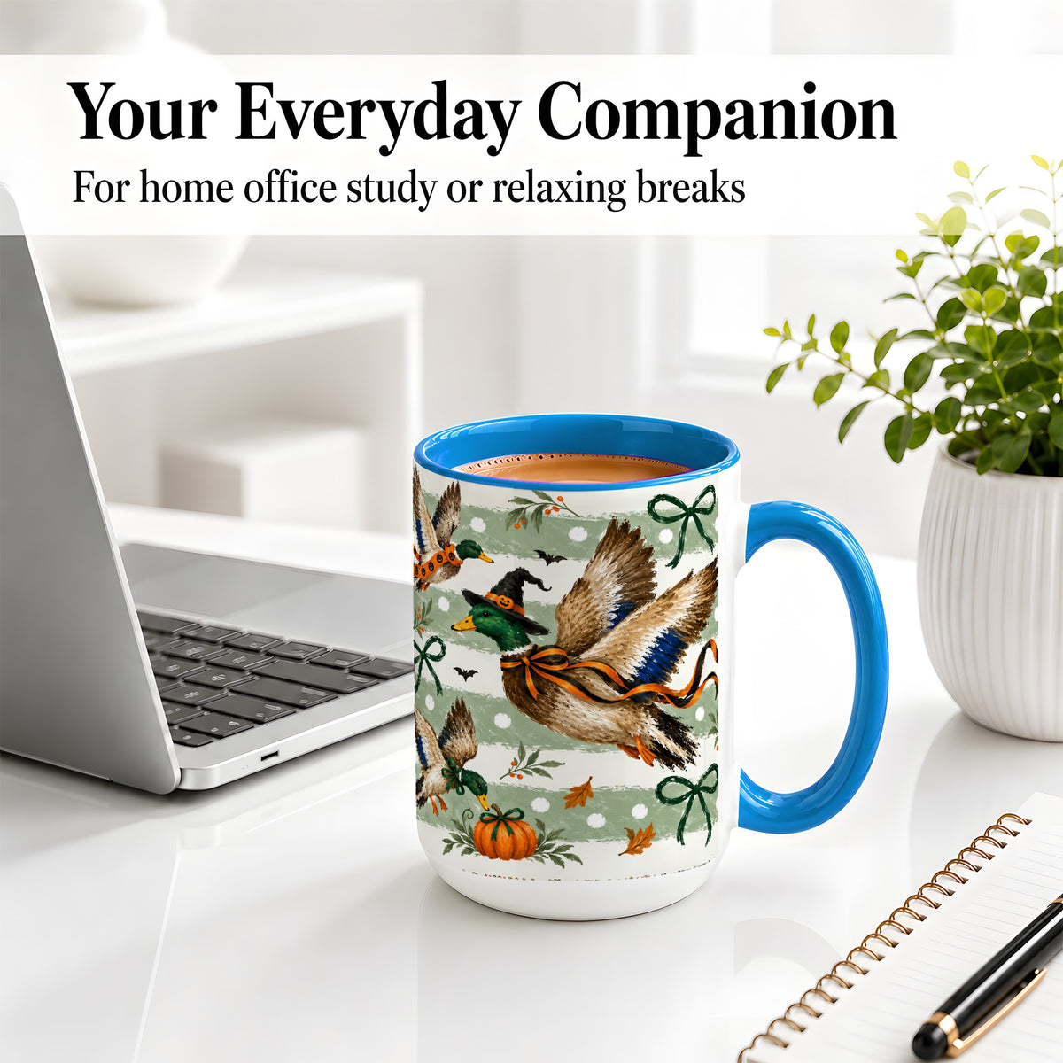 #pl[15oz|Blue] Halloween Mallard Duck Ceramic Mug, Witch Hat Pumpkin Artwork