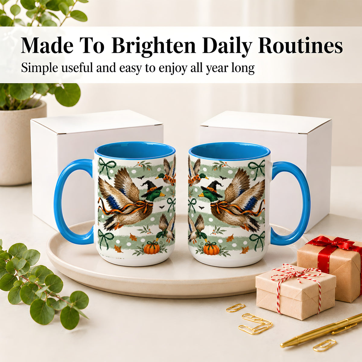 #pl[15oz|Blue] Halloween Mallard Duck Ceramic Mug, Witch Hat Pumpkin Artwork